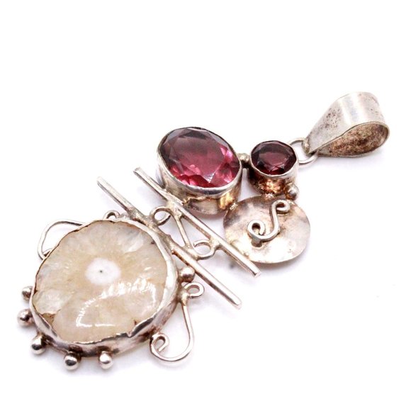 Sterling Silver 925 Purple Glass Sliced Quartz Modernist Pendant - Picture 6 of 10